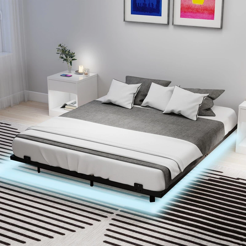 RELAX4LIFE Double/King Size Floating Bed Frame with LED Lights, 4FT6/5FT Slat Support Mattress Foundation with Under-bed Storage and Reinforced Steel Slats, No Box Spring Needed (King-150x200cm)
