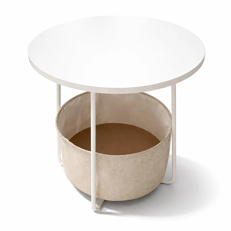 Relaxdays side table, round, with fabric basket, H x D 50 x 45 cm, living room coffee table, MDF & metal, white-beige
