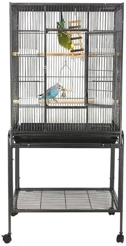 GarveeHome Large Bird Cage with Door, Bird House with 4 Wheels, with Pull-Out Cleaning Tray and Wooden Poles, 135 x 64 x 42 cm