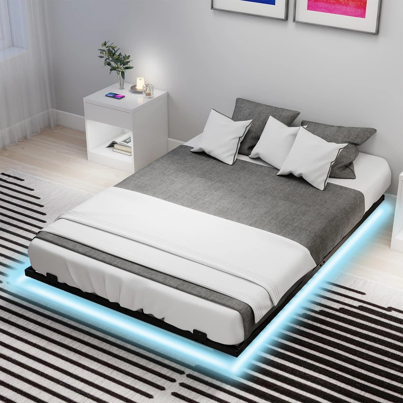 RELAX4LIFE Double/King Size Floating Bed Frame with LED Lights, 4FT6/5FT Slat Support Mattress Foundation with Under-bed Storage and Reinforced Steel Slats, No Box Spring Needed (Double-135x190cm)