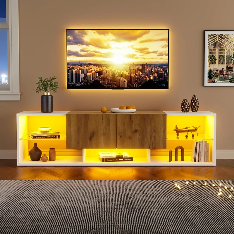 Ball & Cast TV Stand with 2 Drawer, TV Cabinet Storage Sideboard with LED for livingroom bedroom, 5 open storage areas,160 * 40 * 42cm,Wood and White,MDF,weight capacity 40kg,for 70inch TV