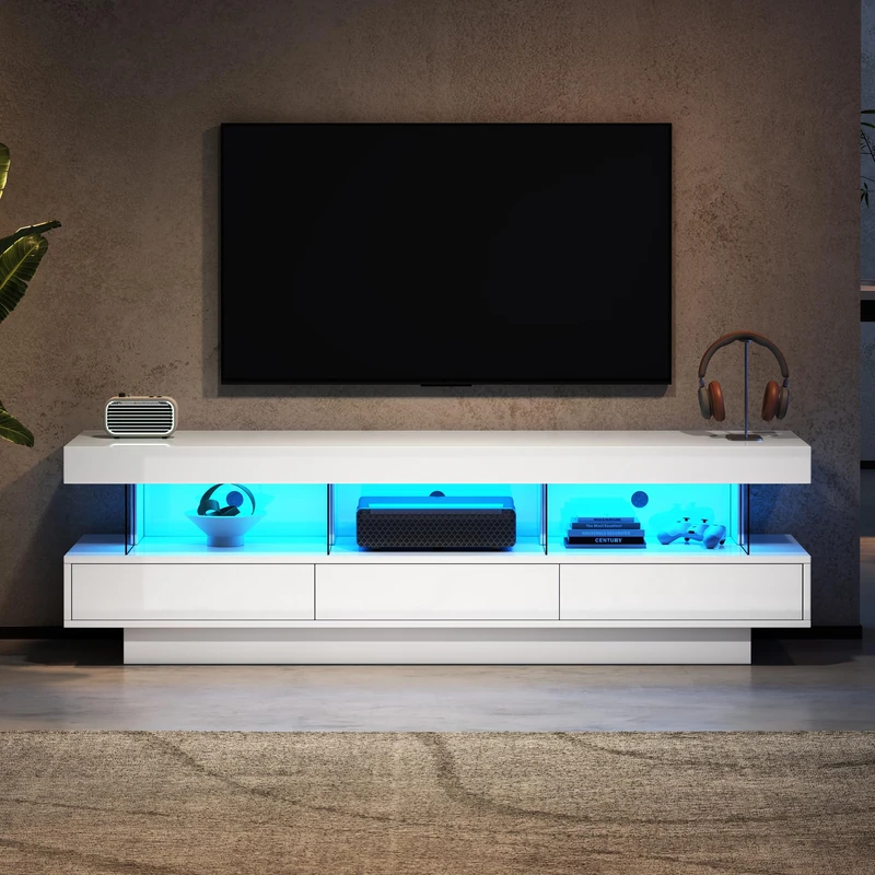 Ball & Cast TV Stand Cabinet, High Gloss TV Unit with LED Lights via Bluetooth, White TV Cabinet with 3 Drawers & 3 Open Storage Space, TV Unit for 70-79 inch TV, 160x38x50.5cm