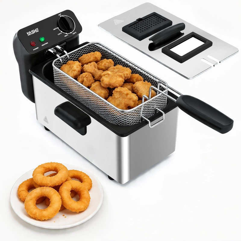 YASHE Deep Fat Fryer, 3.2QT Electric Countertop Deep Fryer with Viewing Window, 2000W Stainless Steel Fryer, Adjustable Temperature Control, Removable Basket & Oil Pot, Easy to Clean