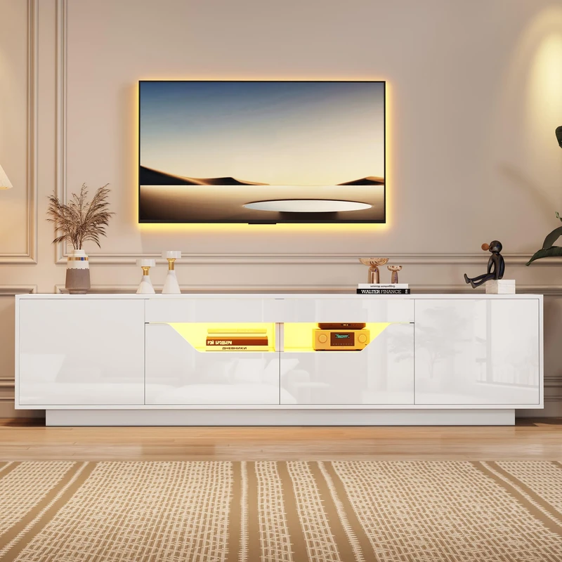 Ball & Cast Highgloss TV Stand, 2 Doors 2 Drawers 2 Open Storage, TV Cabinet Sideboard with LED Lights, Entertainment Center for Living Room Bedroom, Fits 75 Inch TV, White
