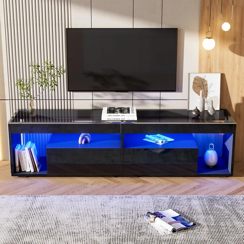 Ball & Cast High Gloss TV Stand with 2 Drawers,glass tabletop,TV Cabinet Storage Sideboard with LED lights for livingroom bedroom,TV Entertainment Center, 180cm, Black, Holds TVs up to 80"