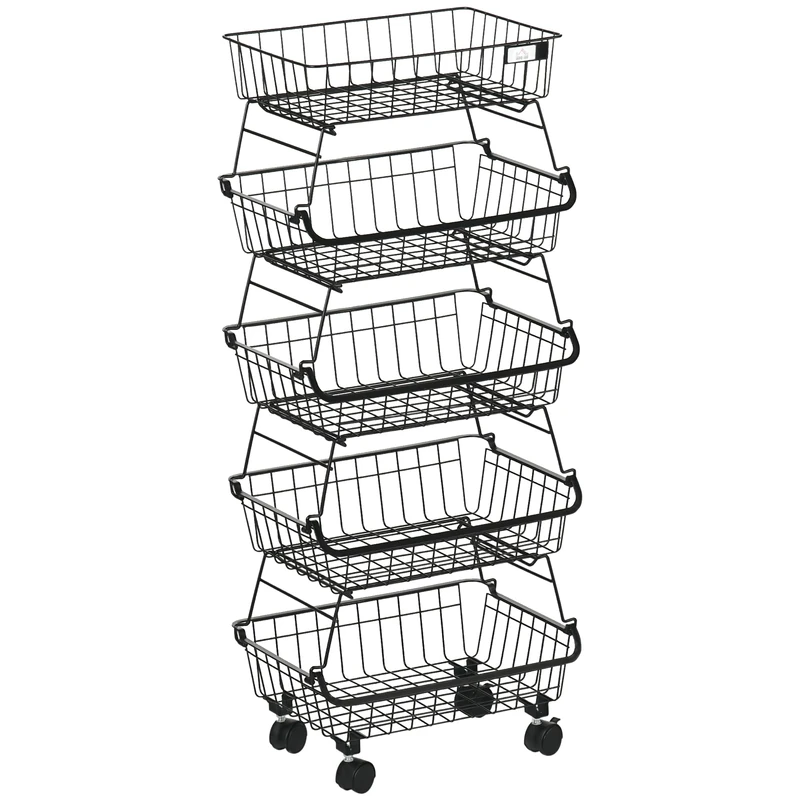 HOMCOM 5 Tier Storage Trolley, Steel Wire Baskets with Wheels, Stackable Fruit Vegetable Cart for Kitchen, Living Room, Bedroom, Black