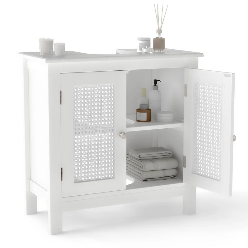 RELAX4LIFE Under Sink Bathroom Cabinet, Freestanding Wooden Storage Cupboard Basin Unit with 2 Doors and Shelf, Modern Vanity Basin Sink Cabinet and Storage Unit Basin (Rattan Door)