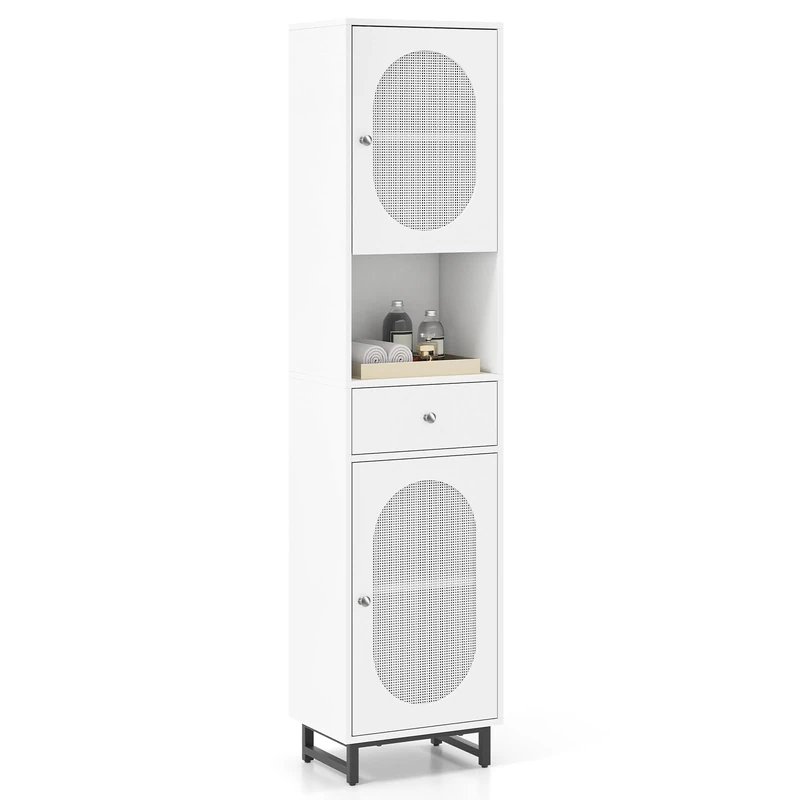RELAX4LIFE Bathroom Tall Cabinet, Wooden Slim Storage Cupboard with PE Rattan Doors, Adjustable Shelves and Drawer, Freestanding Narrow Bathroom Organizer Tallboy Unit (White)