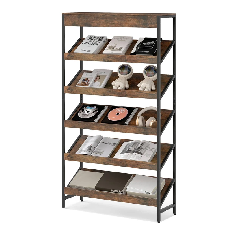 SFAREST 6 Tier Bookshelf, 161 cm Tall Freestanding Bookcase Newspaper Rack with Heavy-Duty Metal Frame, Industrial Wooden Slant Display Shelf for Home Office