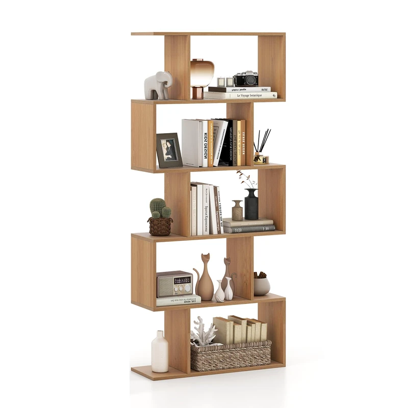 CASART 5/6 Tier Wooden Bookcase, Free Standing Shelving Stand Rack, S-Shaped Bookshelf Storage Display Unit (Natural, 70 x 24 x 158cm)