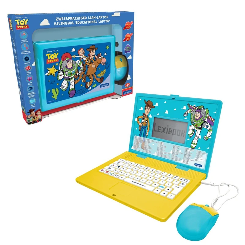 LEXIBOOK, Disney Toy Story, Bilingual Educational Laptop in German and English, 164 activities, Large screen 5.1 x 9.7 cm, Realistic keyboard and mouse, Slim and stylish design, Green, JC601TSi3LXB