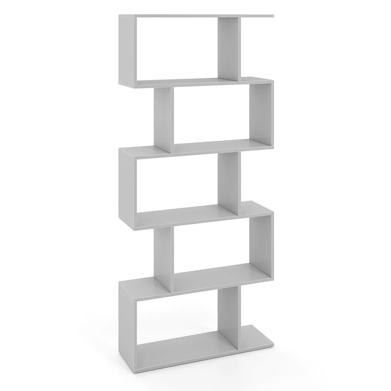 CASART 5/6 Tier Wooden Bookcase, Free Standing Shelving Stand Rack, S-Shaped Bookshelf Storage Display Unit (Grey, 70 x 24 x 158cm)