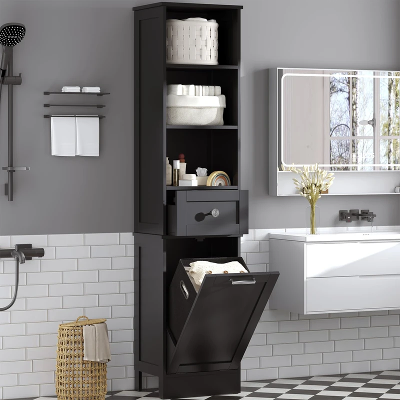 Feonase Tall Bathroom Cabinet with Removable Laundry Basket, Slim Freestanding Storage Organizer with 3 Open Shelves and 1 Drawer for Bathroom, Laundry, Hallway Black