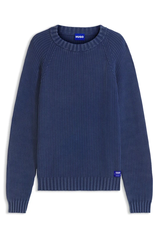HUGO Cotton Sweater with Ribbed Structure Blue