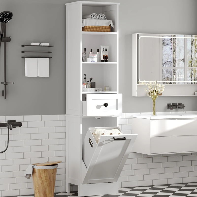 Feonase Tall Bathroom Cabinet with Removable Laundry Basket, Slim Freestanding Storage Organizer with 3 Open Shelves and 1 Drawer for Bathroom, Laundry, Hallway White
