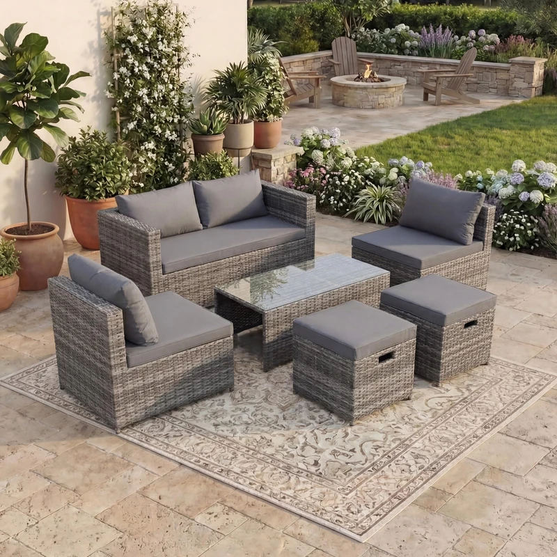 Garden Vida Islay 6 Seater Rattan Seating Set With Cover | Grey | Fully Assembled | Complete Outdoor Patio Garden Furniture Set | Steel Frame & PE Wicker | UKFR Certified | Weather Resistant - Image 1