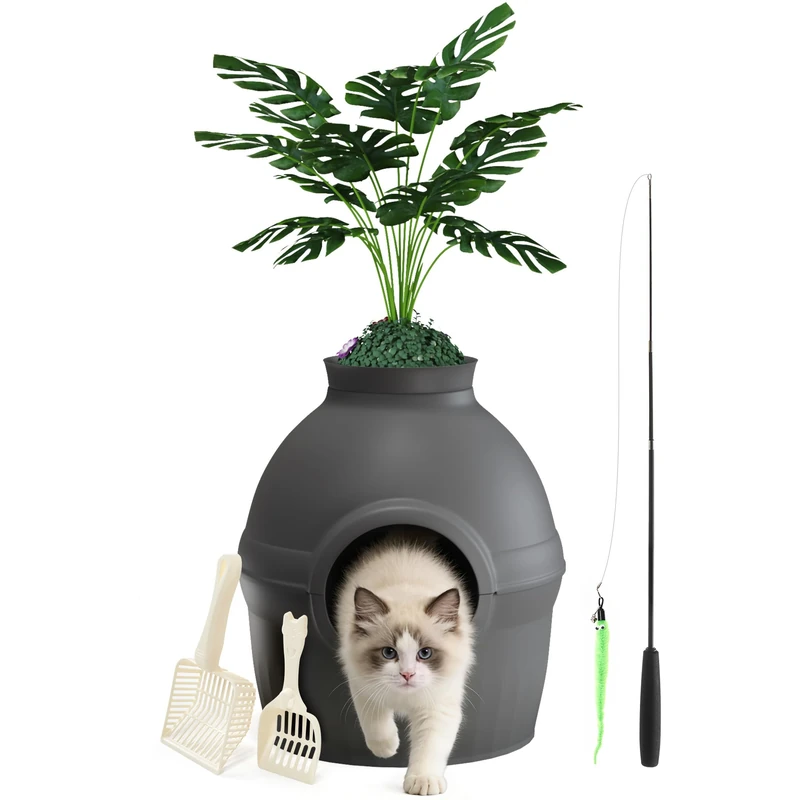 Mondeer Cat Litter Box with Faux Plant - Hidden Enclosure