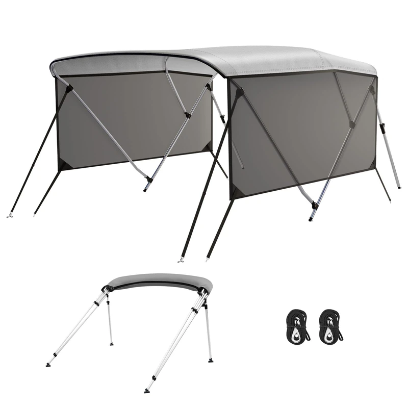 Garvee 3 Bow Bimini Top for Boats - Marine Grade PU-Coated Canvas Canopy with Mesh Side Curtains - 2 Rear Support Poles, Tie-Down Straps - Zippered Storage Boot - Light Grey, 6'L x 46" H x