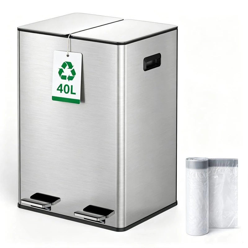 Kitchen Bin,40L Dual Rubbish Bin,2 x 20L Stainless Steel Pedal Bin,Double Bin Recycling with Soft-Close Lids and Plastic Inner Buckets,Fingerprint Proof,Odour Seal,Large Capacity, Stylish Silver 40.4 - Image 1