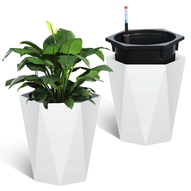 Garvee Self-Watering Planter Set of 2-16 Inch Tall Nursery Seedling Trays with Water Level Monitor, Drainage Holes, Trays, Movable Wheels - Large Indoor Outdoor Flower Pots for Garden, Patio, - Image 1