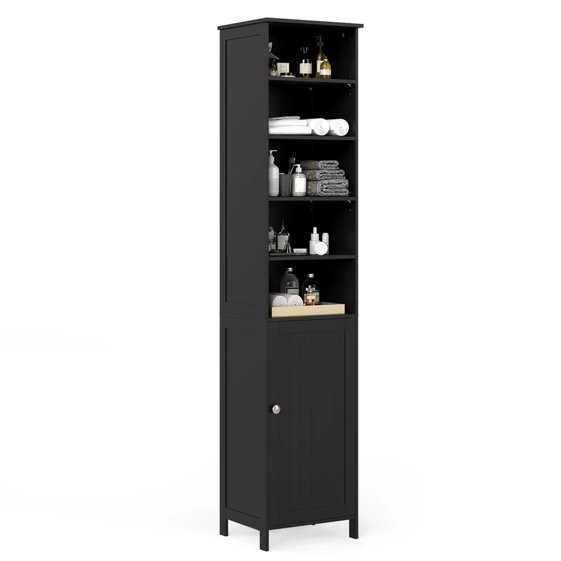 CASART Bathroom Tall Cabinet, Slim Storage Organizer with 5 Open Shelves & One Cabinet, Freestanding Cupboard Unit for Bathroom, Living Room, Hallway (Black)