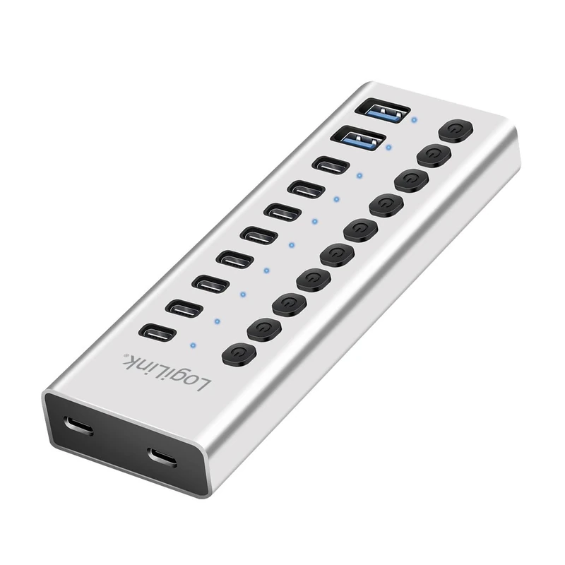 LogiLink UA0448 - USB 3.2 Gen1 Hub with 10 Ports and Cable/Adapter, USB Type A and USB Type C, On/Off Switch, Aluminium