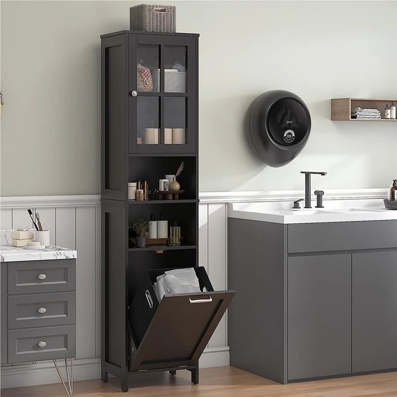 Feonase Tall Bathroom Cabinet with Removable Laundry Basket, Slim Freestanding Storage Organizer with Acrylic Door and 4 Shelves for Bathroom, Laundry Room, Hallway, Black