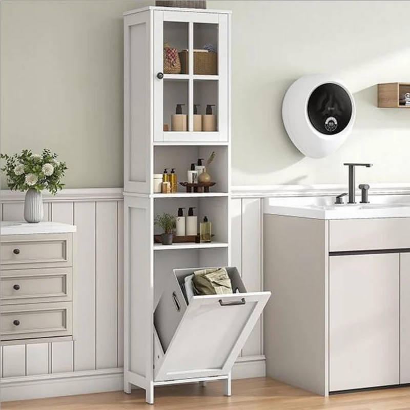 Feonase Tall Bathroom Cabinet with Removable Laundry Basket, Slim Freestanding Storage Organizer with Acrylic Door and 4 Shelves for Bathroom, Laundry Room, Hallway, White