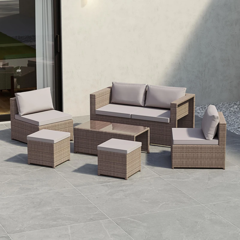 Garden Vida Islay 6 Seater Rattan Seating Set – Natural – Complete Outdoor Garden Furniture Set – Steel Frame & PE Wicker Construction – UKFR Certified, Weather Resistant, With Cushions