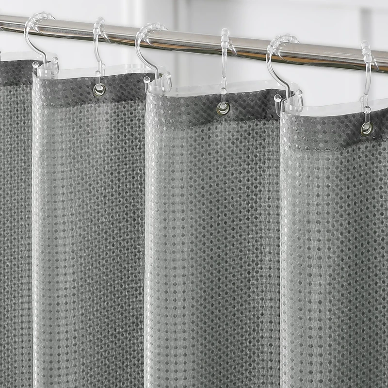 QiyI 3 in 1 Shower Curtain Set, Grey Waffle Shower Curtain and Liner Set with 12 Double Shower Curtain Hooks, Waterproof Fabric Hotel Bathroom Curtain with PEVA Liner & Clear Plastic Rings, 72 x 78