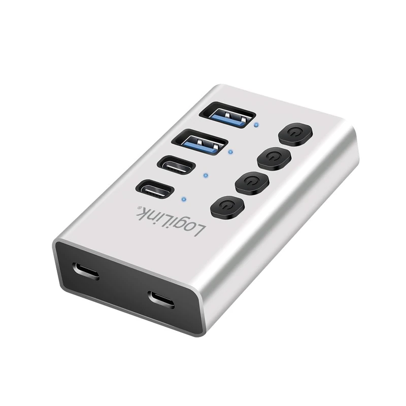 LogiLink UA0446 - USB 3.2 Gen1 Hub with 4 Ports and Cable/Adapter, USB Type A and USB Type C, On/Off Switch, Aluminium