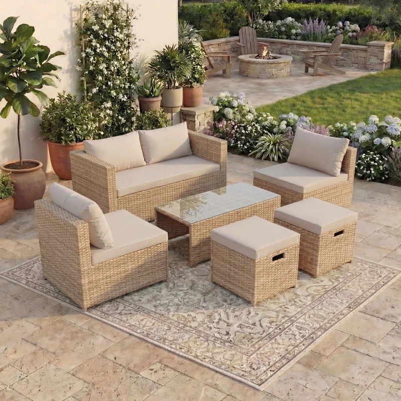 Garden Vida Islay 6 Seater Rattan Seating Set With Cover | Natural | Fully Assembled | Complete Outdoor Patio Garden Furniture Set | Steel Frame & PE Wicker | UKFR Certified | Weather Resistant