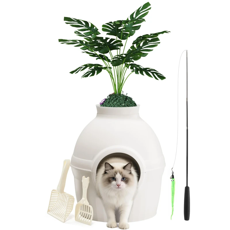 Mondeer Cat Litter Box with Faux Plant - Hidden Enclosure
