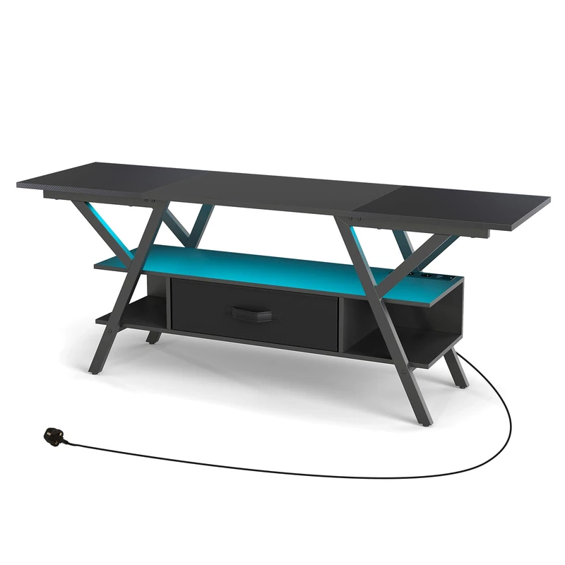 CASART TV Stand for 65 Inch TVs, 140cm TV Cabinet Table with LED Lights & Power Outlets, Wooden Media Unit Entertainment Center for Living Room Bedroom (Black)