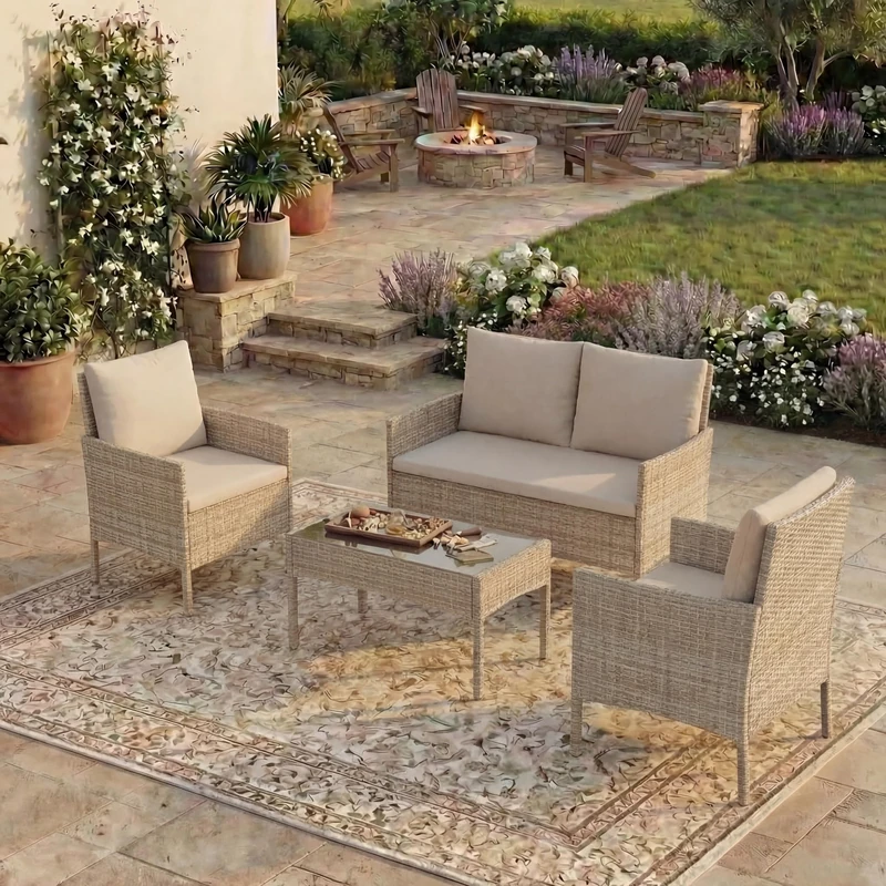Garden Vida Kendal 4 Piece Rattan Set Garden Seating (Natural, With Cover)