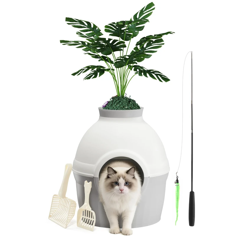 Mondeer Cat Litter Box with Faux Plant - Hidden Enclosure