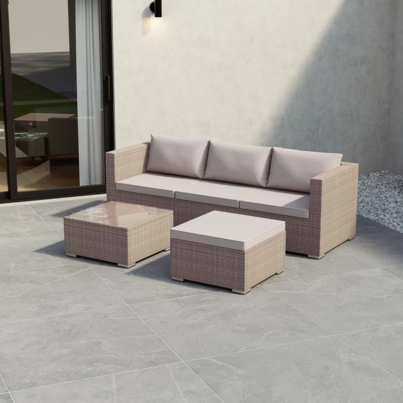 Garden Vida Hampton 4 Seater Corner Rattan Seating Set – Natural – Complete Outdoor Garden Furniture Set – Steel Frame & PE Wicker Construction – UKFR Certified, Weather Resistant, With Cushions