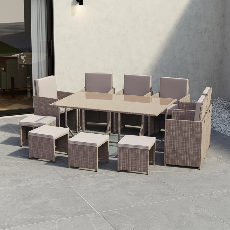 Garden Vida Cuba 10 Seater Rattan Seating Set – Natural Complete Outdoor Garden Dining Furniture Set Steel Frame & PE Wicker Construction UKFR Certified, Weather Resistant, Tempered Glass