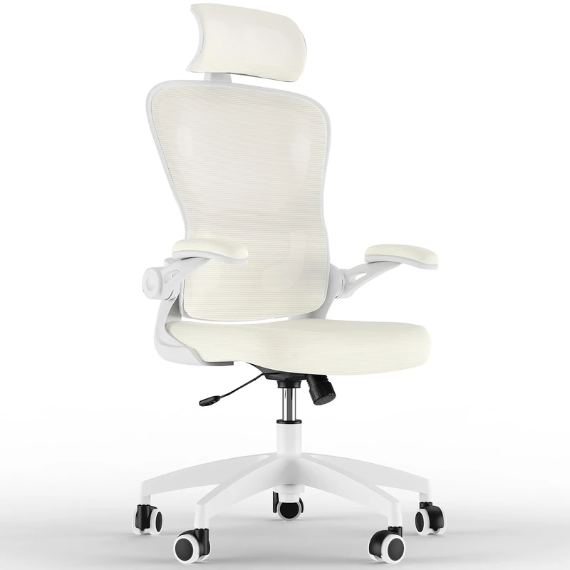 Feonase Ergonomic Office Chair with Adjustable Headrest and Lumbar Support, Mesh Back, Flip-up Armrests and Rocking Function – Swivel Desk Chair for Home Office, Study, Gaming,Beige/White