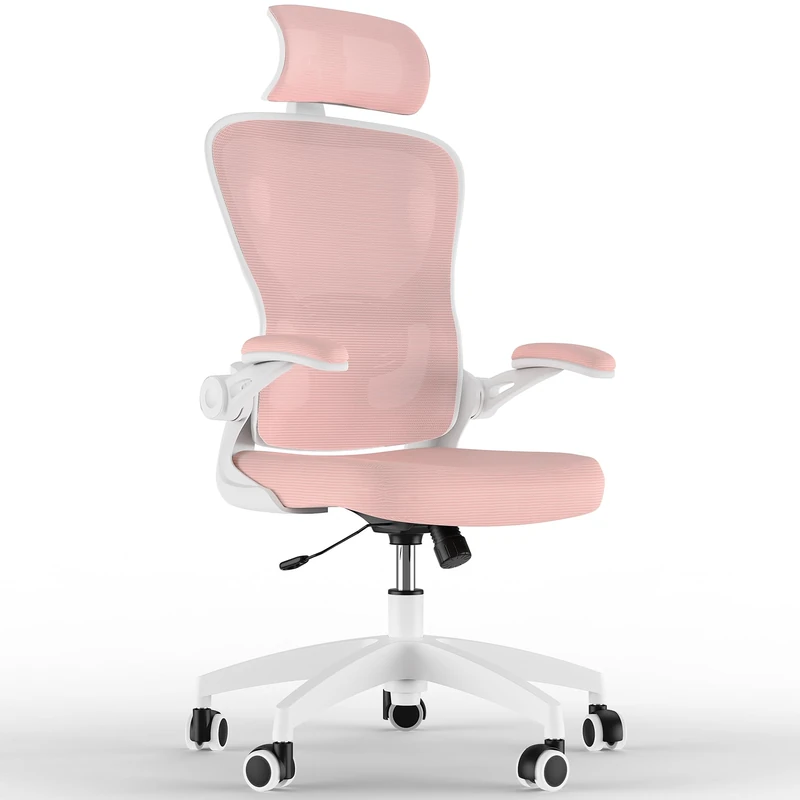 Feonase Ergonomic Office Chair with Adjustable Headrest and Lumbar Support, Mesh Back, Flip-up Armrests and Rocking Function – Swivel Desk Chair for Home Office, Study, Gaming Pink/White