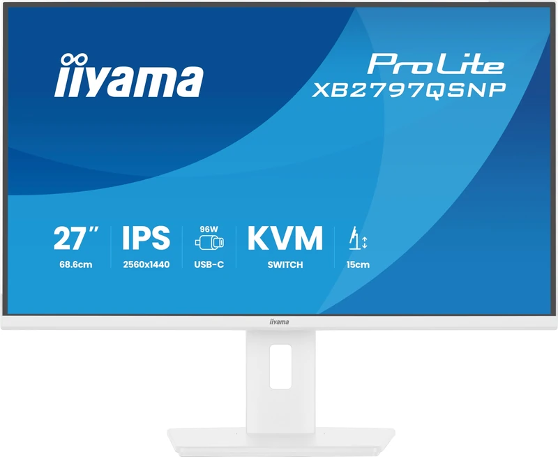 iiyama XB2797QSNP-W1 27 inch QHD IPS, USB-C Dock Display 96W Charging, 4ms, RJ45, HDMI/DP in/DP out/USB C, HAS, 5 Yr Warranty