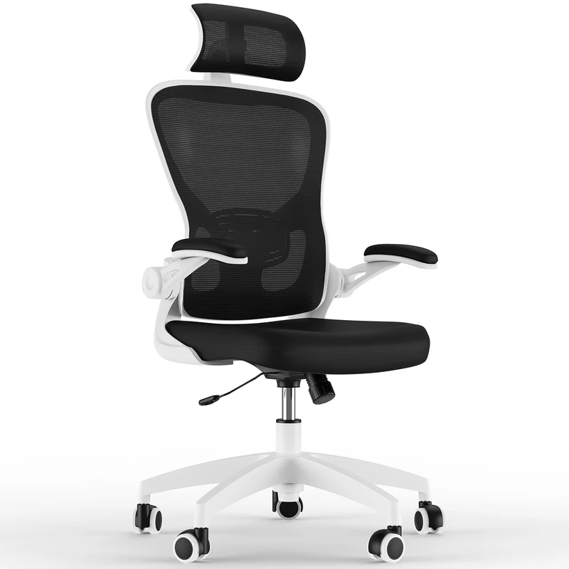 Feonase Ergonomic Office Chair with Adjustable Headrest and Lumbar Support, Mesh Back, Flip-up Armrests and Rocking Function – Swivel Desk Chair for Home Office, Study, Gaming,Black/White