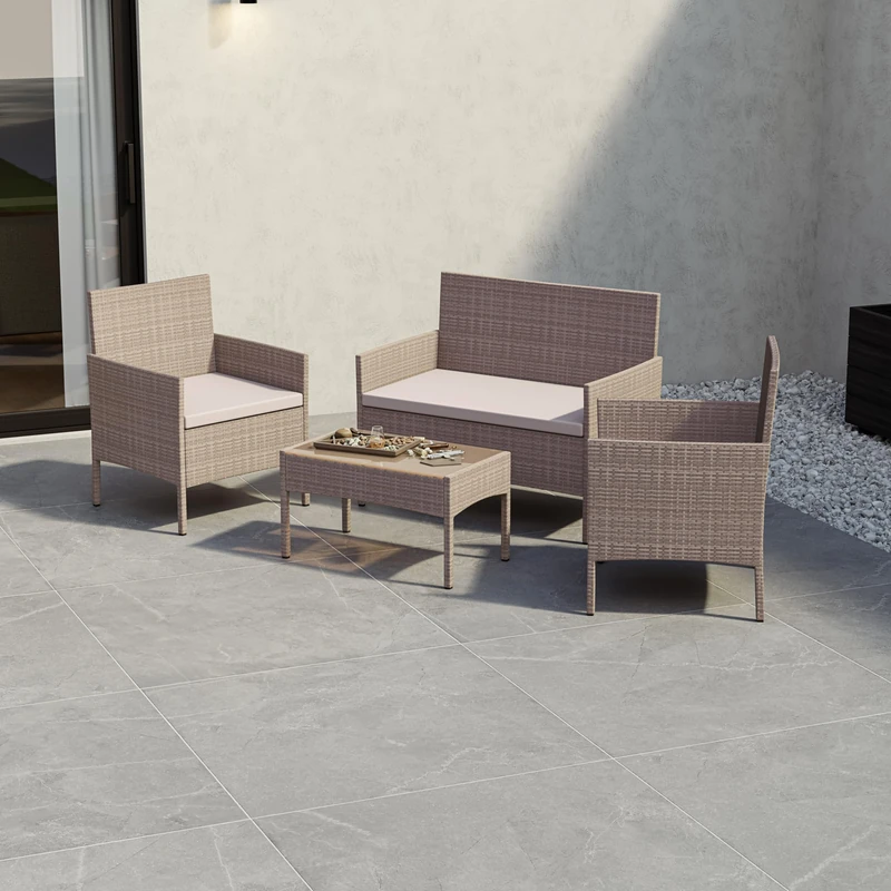 Garden Vida Kendal 4 Piece Rattan Seating Set – Natural – Complete Outdoor Garden Furniture Set – Steel Frame & PE Wicker Construction – UKFR Certified, Weather Resistant, With Cushions