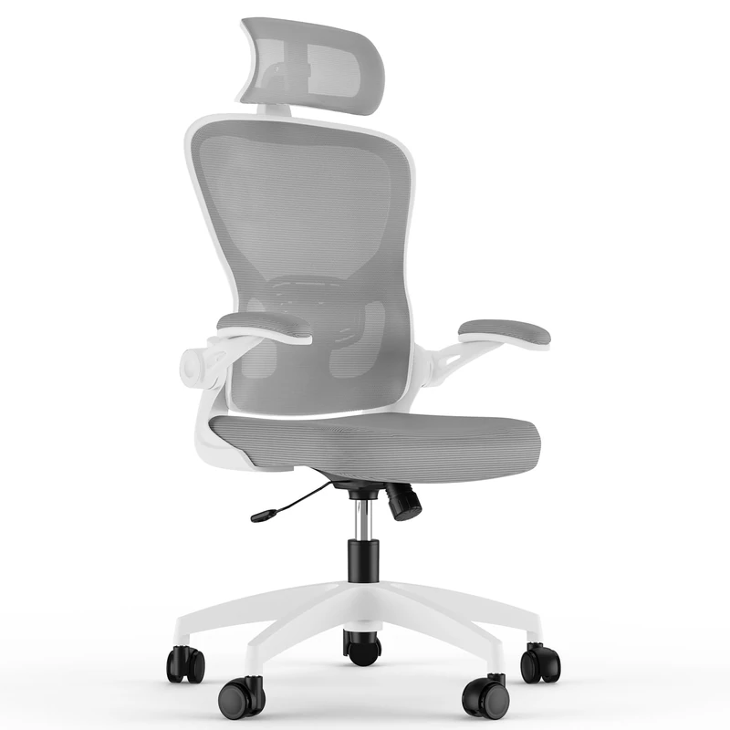 Feonase Ergonomic Office Chair with Adjustable Headrest and Lumbar Support, Mesh Back, Flip-up Armrests and Rocking Function – Swivel Desk Chair for Home Office, Study, Gaming, Grey/White