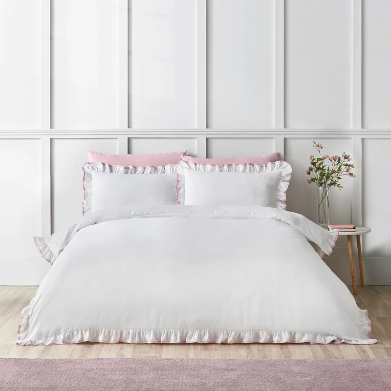 Catherine Lansfield So Soft Mono Frill Super King Duvet Cover Set with Pillowcases White/Pink