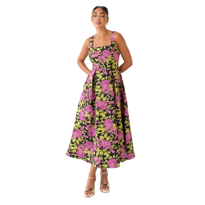 Women’s Black Floral Midi Dress Square Neck Sleeveless A-Line Summer Party Dress for Wedding Guest & Events Size 10