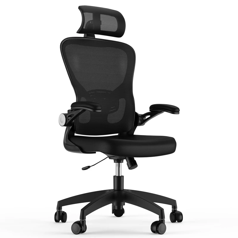 Feonase Ergonomic Office Chair with Adjustable Headrest and Lumbar Support, Mesh Back, Flip-up Armrests and Rocking Function – Swivel Desk Chair for Home Office, Study, Gaming, Black