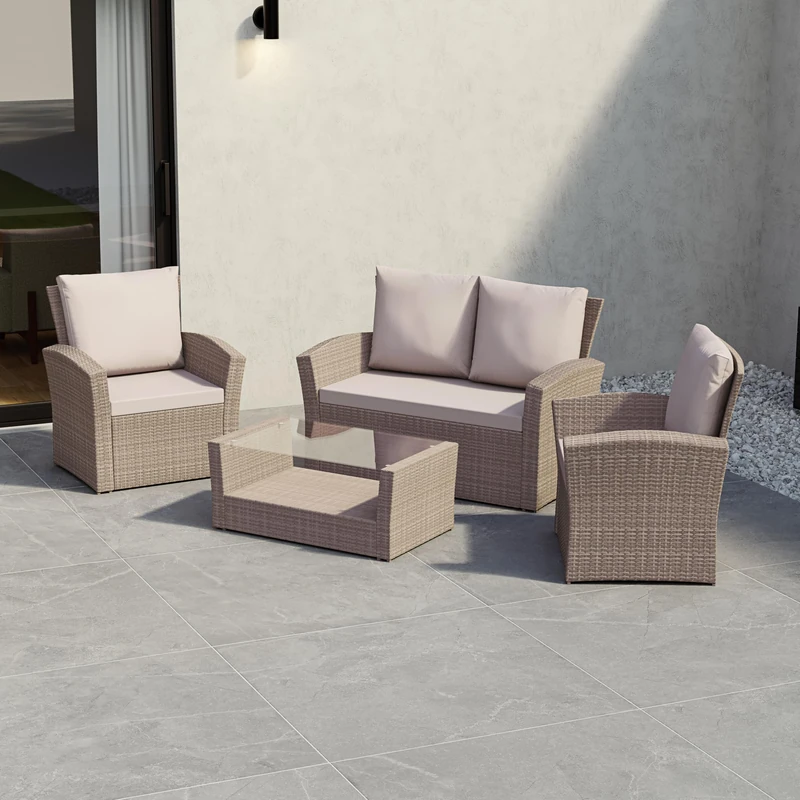Garden Vida Mylor 4 Seater Rattan Furniture Set, Outdoor, Patio furniture, Conservatory Sofa set (Natural, Without Cover)