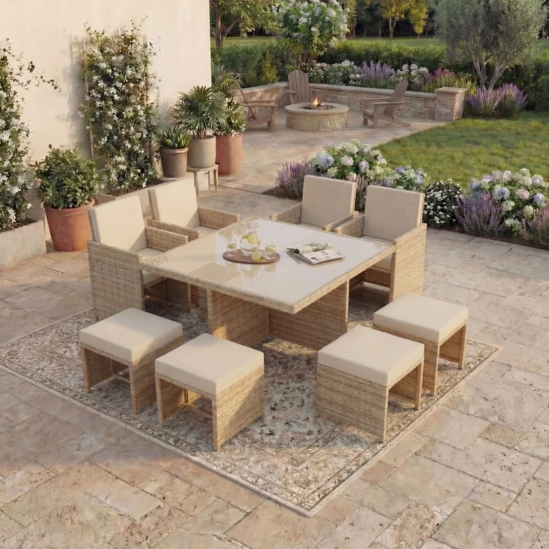 Garden Vida Cuba 8 Seater Rattan Set With Cover | Natural | Outdoor Garden Patio Dining Table Set | Steel Frame & PE Wicker | Weather Resistant, Tempered Glass, Cushions, Chairs, Stools + Cover - Image 1