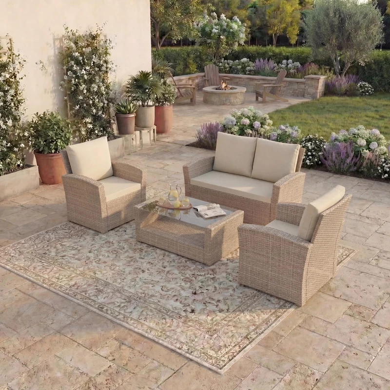 Garden Vida Mylor 4 Seater Rattan Set With Cover | Natural | Outdoor Patio Furniture Conservatory Sofa Set | Weather Resistant, Tempered Glass Table, With Cushions, Chairs and Cover